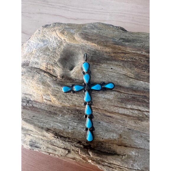 Zuni Sterling Silver Turquoise Cross Pendant - Picture 2 of 11